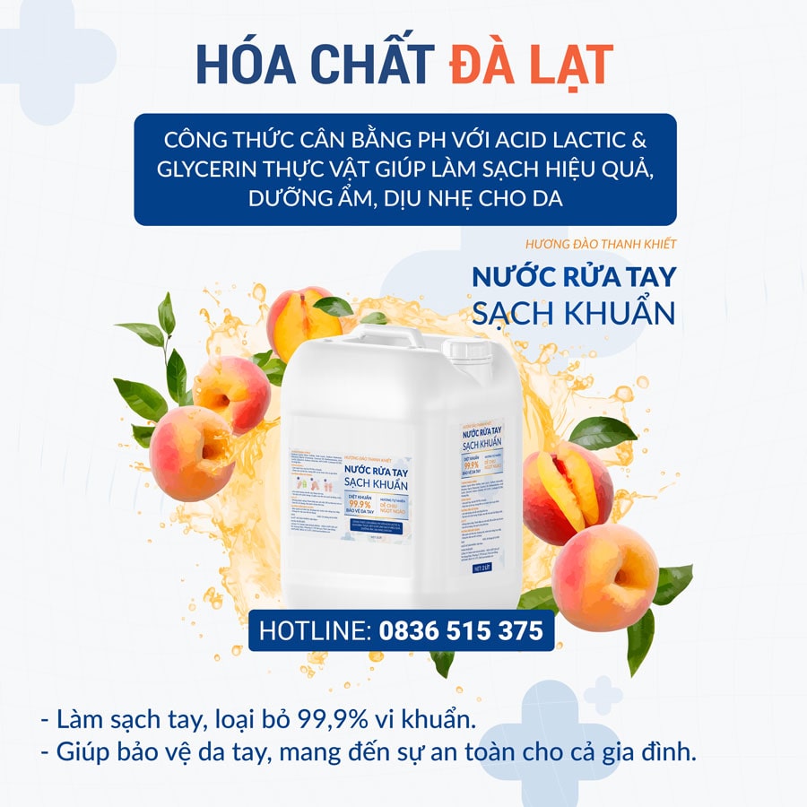 Nước Rửa Tay Hương Đào Dịu Nhẹ của Hóa Chất Đà Lạt – Diệt Khuẩn 99,9%, Dưỡng Ẩm Hiệu Quả