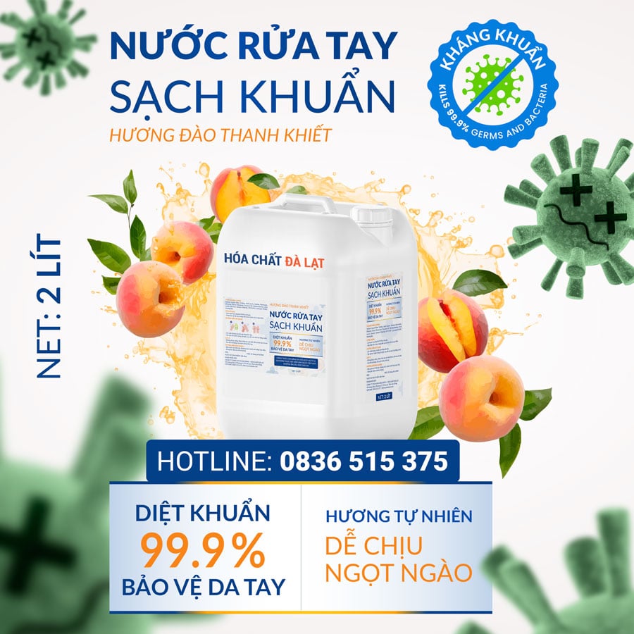 Nước Rửa Tay Hương Đào Dịu Nhẹ của Hóa Chất Đà Lạt – Diệt Khuẩn 99,9%, Dưỡng Ẩm Hiệu Quả