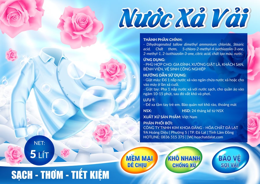 Nước xả vải cao cấp từ Hóa Chất Đà Lạt được nghiên cứu và phát triển nhằm mang lại hiệu quả tối ưu, không chỉ dành cho gia đình mà còn phù hợp với xưởng giặt là, khách sạn, bệnh viện và vệ sinh công nghiệp.