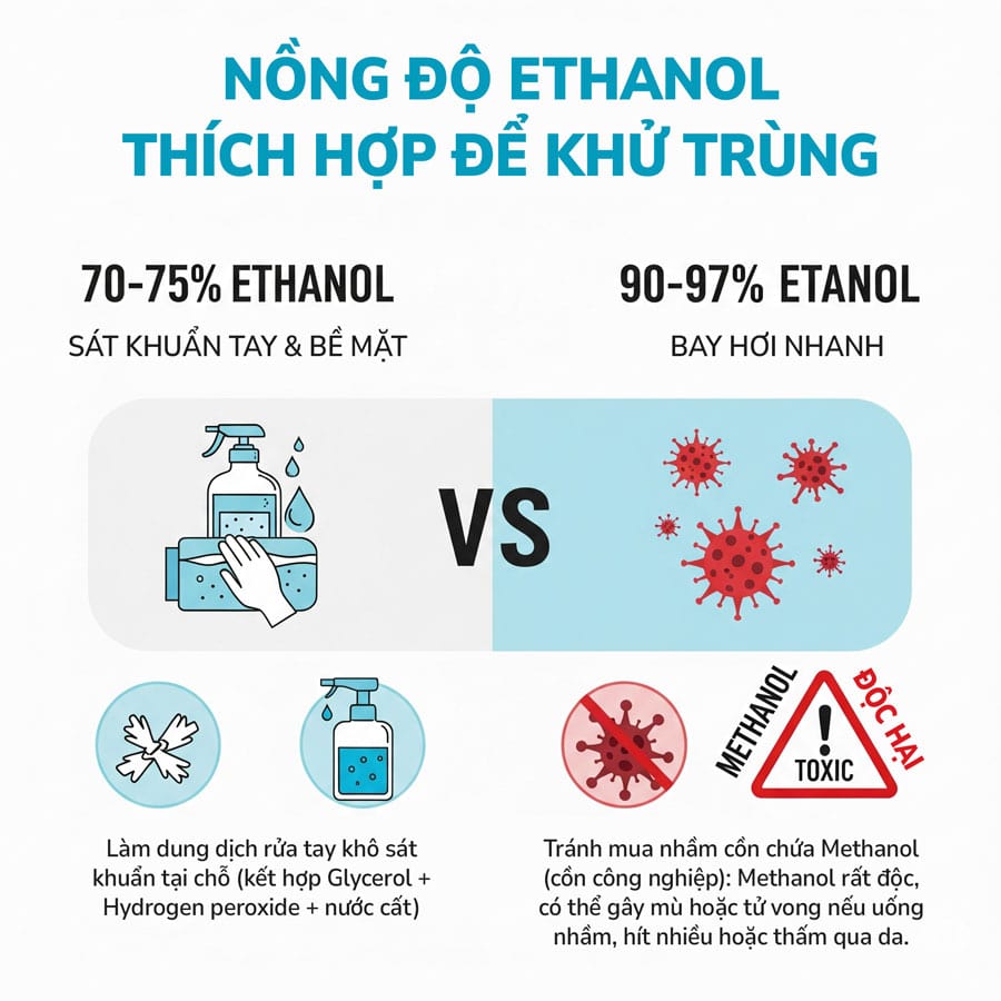 Nên chọn cồn Ethanol 70%, 75%, hay 90%? Loại nào sát khuẩn COVID-19 tốt nhất?